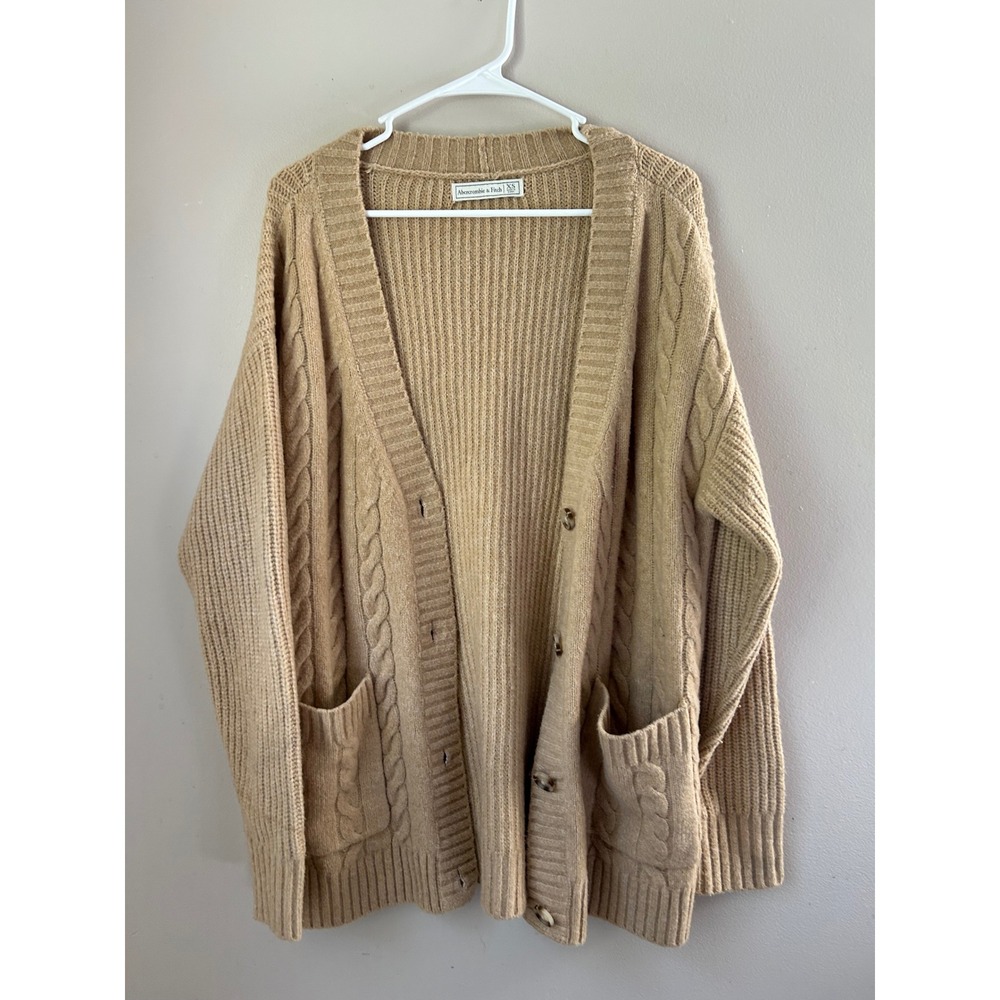 Abercrombie‎ & Fitch XS Knit Cardigan Sweater Tan Cable Knit Pockets Cozy Lounge